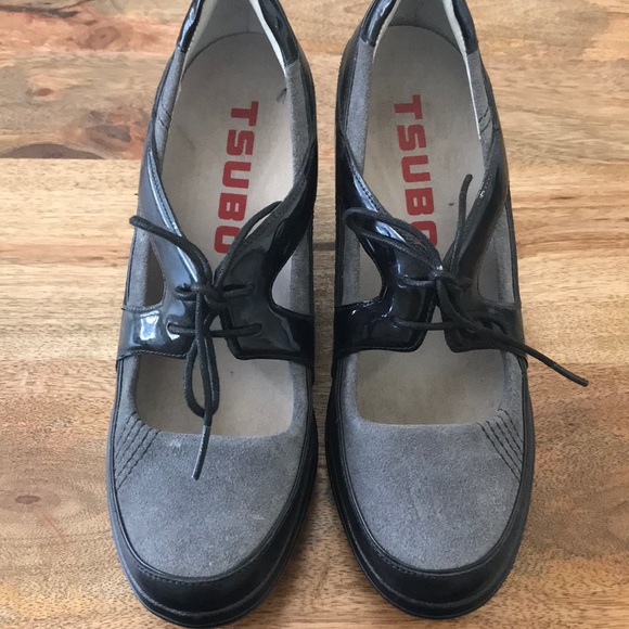 Tsubo Wedge shoes, grey suede black patent - Picture 1 of 4